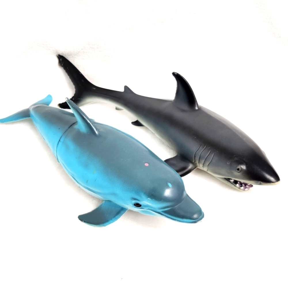 2 X Sea Animals plastic dolphin and soft rubber shark